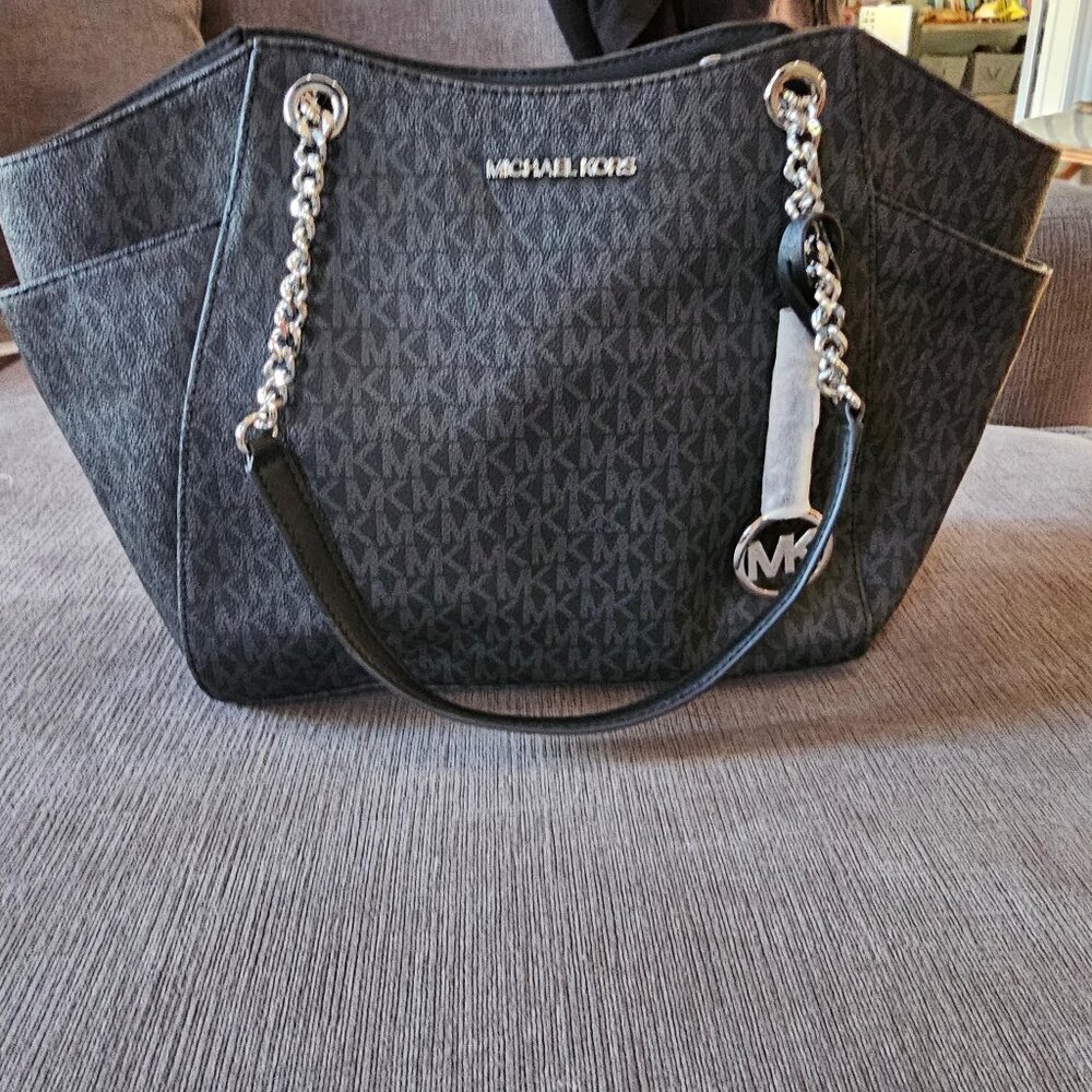 NWT Michael Kors Signature Black Jet Set Travel Chain Shoulder Tote Bag - Picture 2 of 13
